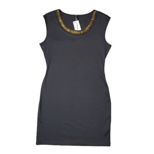 Estam Bodycon Dress Womens Large Black Sleeveless Scoop Neck Stud Trim